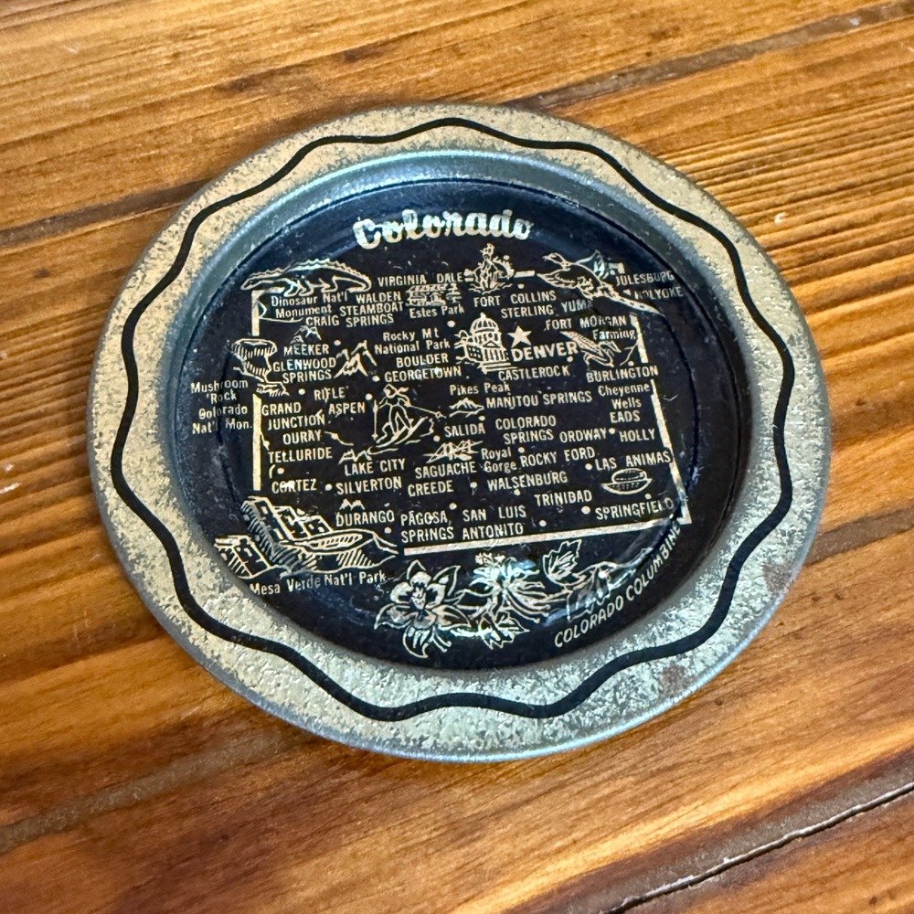 Colorado Souvenir Coaster Small Map Dish Black Gold Fair Vintage 3.5in